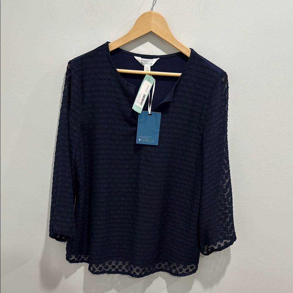 Market & Spruce Navy Blue Textured Dot Women's Top Blouse Large NWT